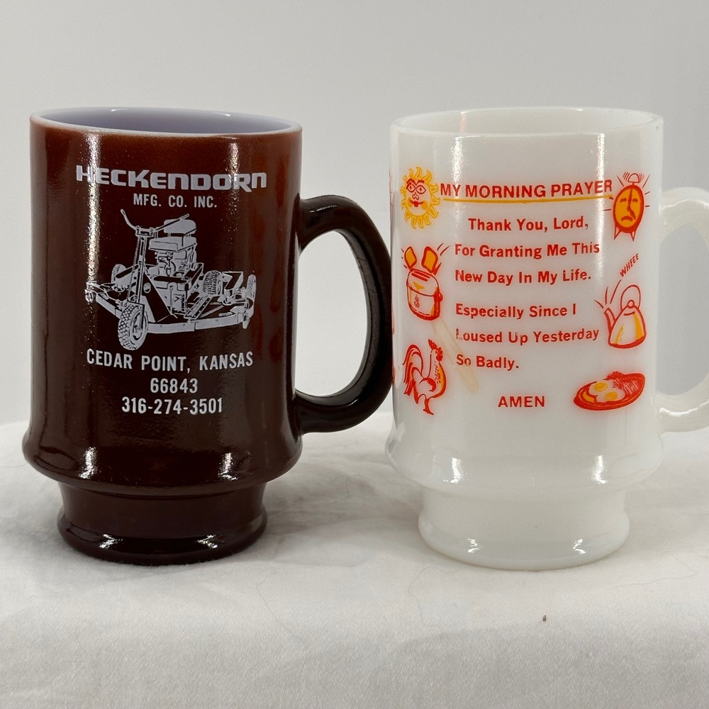 Vintage Milk Glass Mugs Heckendorn Mfg Kansas & Morning Prayer Brown White MCM